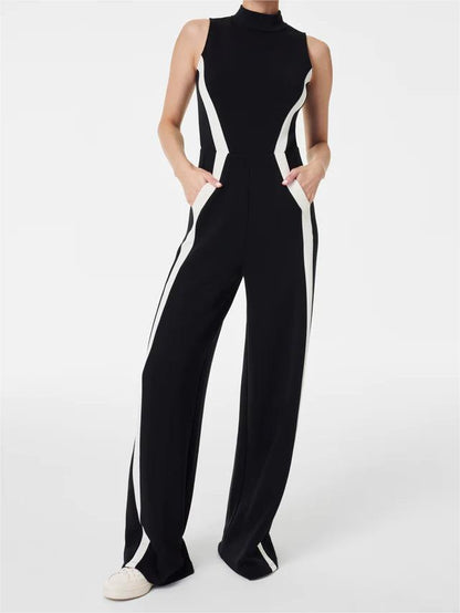 Mock Neck Striped Track Jumpsuit