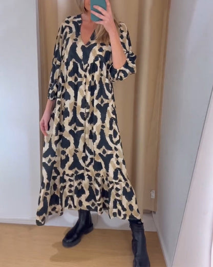 V-neck printed casual long dress